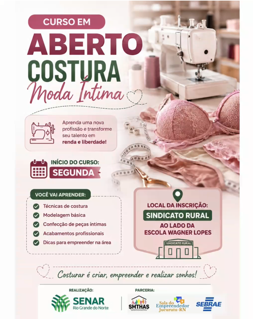 Inscrições abertas para curso gratuito de Corte e Costura em Moda Íntima