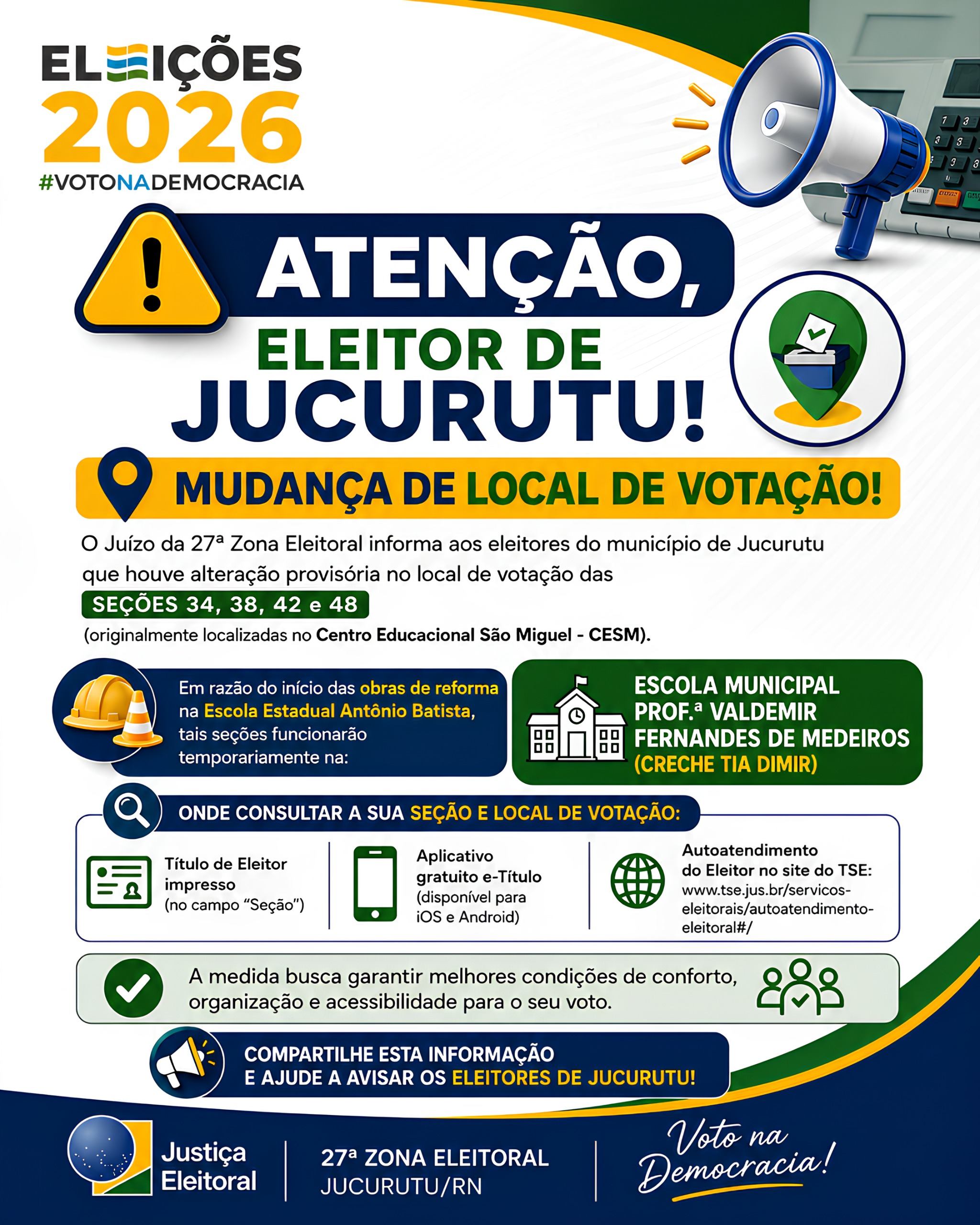 Juízo da 27ª Zona Eleitoral comunica aos eleitores das SEÇÕES 34, 38, 42 e 48 (que votavam no CESM) sobre a alteração do seu local de votação
